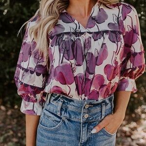 Entro Purple Floral Balloon Sleeve Blouse – NWT – Size M